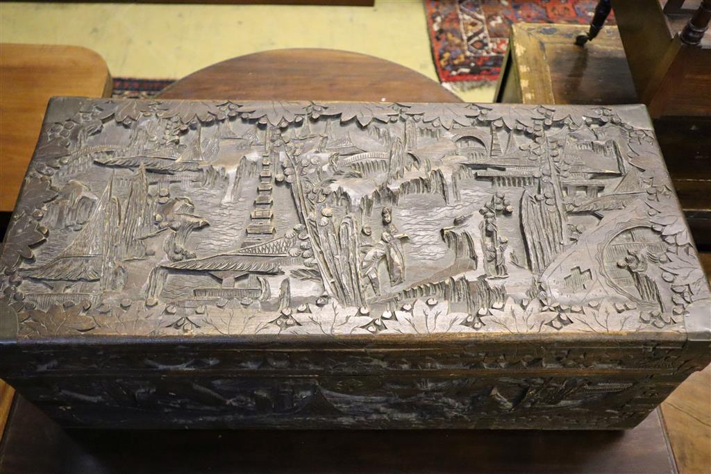 A small Chinese carved camphorwood chest, width 80cm, depth 36cm, height 30cm